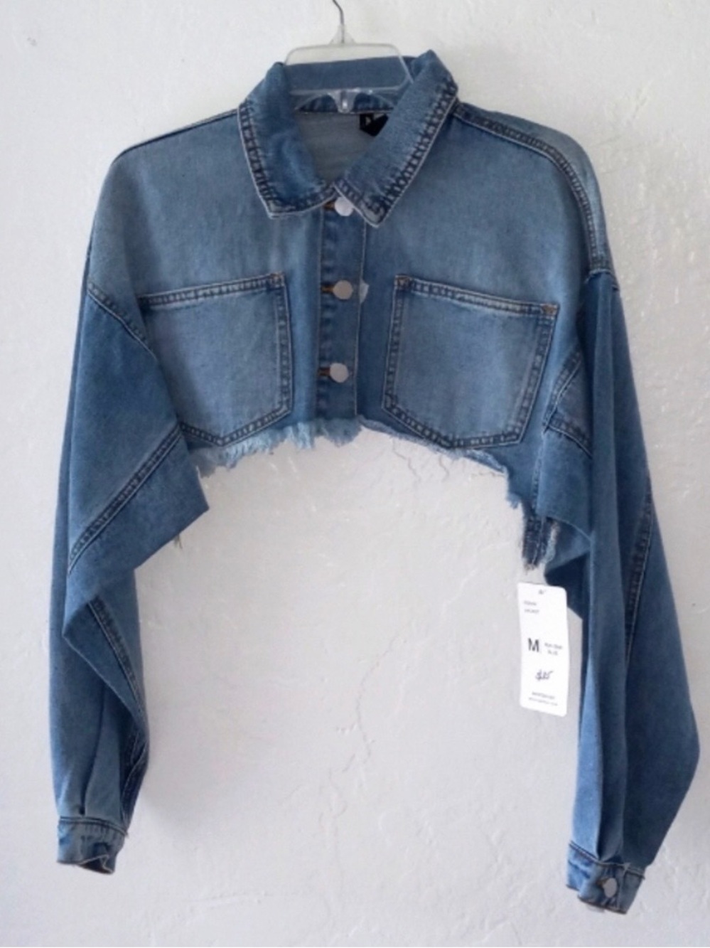 American Bazi Cropped Distressed Denim Jacket - Blue